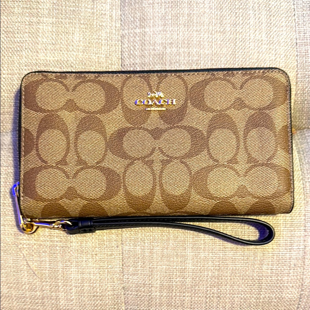Coach Brown Signature Wristlet with Gold Accents